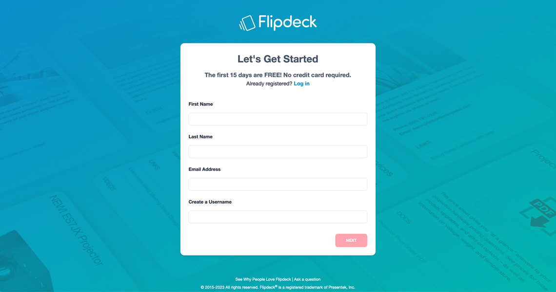 Flipdeck registration webpage