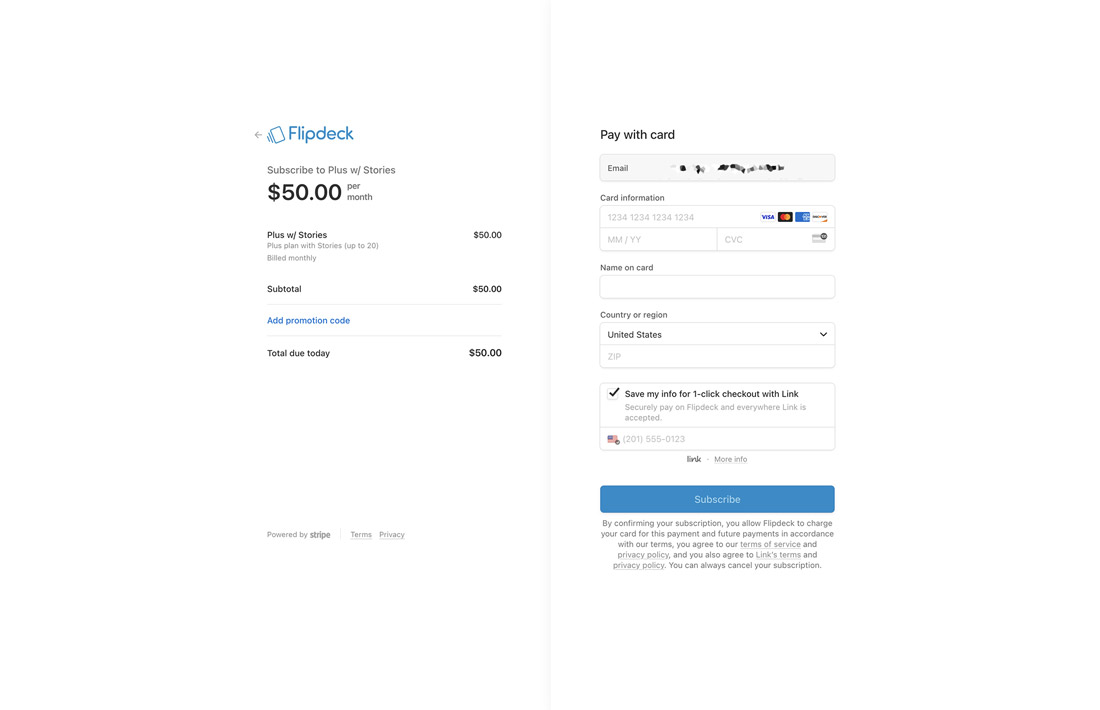 Flipdeck interface, payment information screen