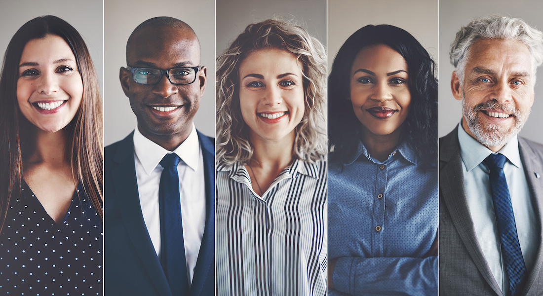 montage of male and female smiling business people