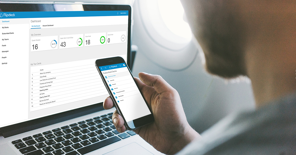 a man on a plane using Flipdeck on his phone and laptop looking at account analytics