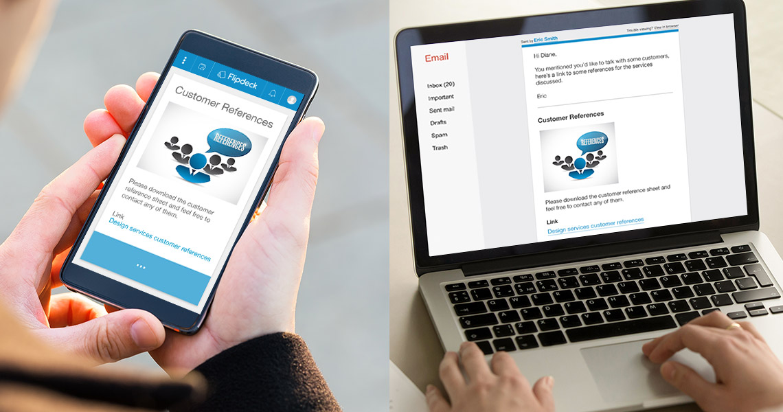 Laptop and phone showing Flipdeck Card email