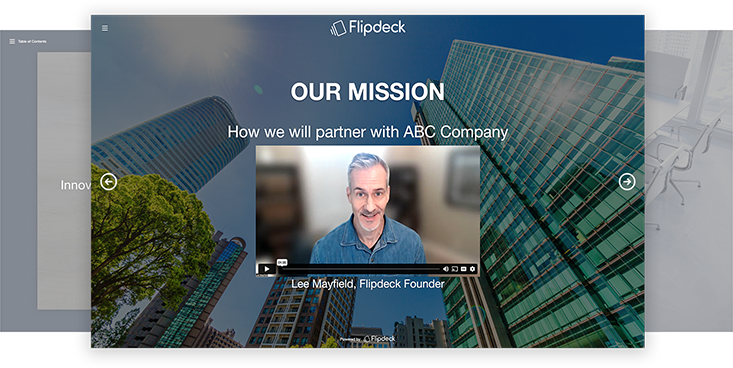 Flipdeck story example with text 'Our Mission' and video of Lee Mayfield