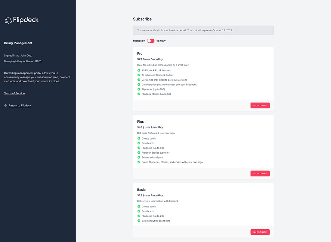 Flipdeck interface, account plan options
