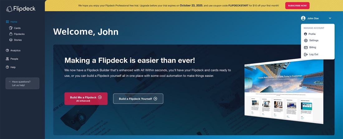 Flipdeck dashboard webpage with user account dropdown menu showing