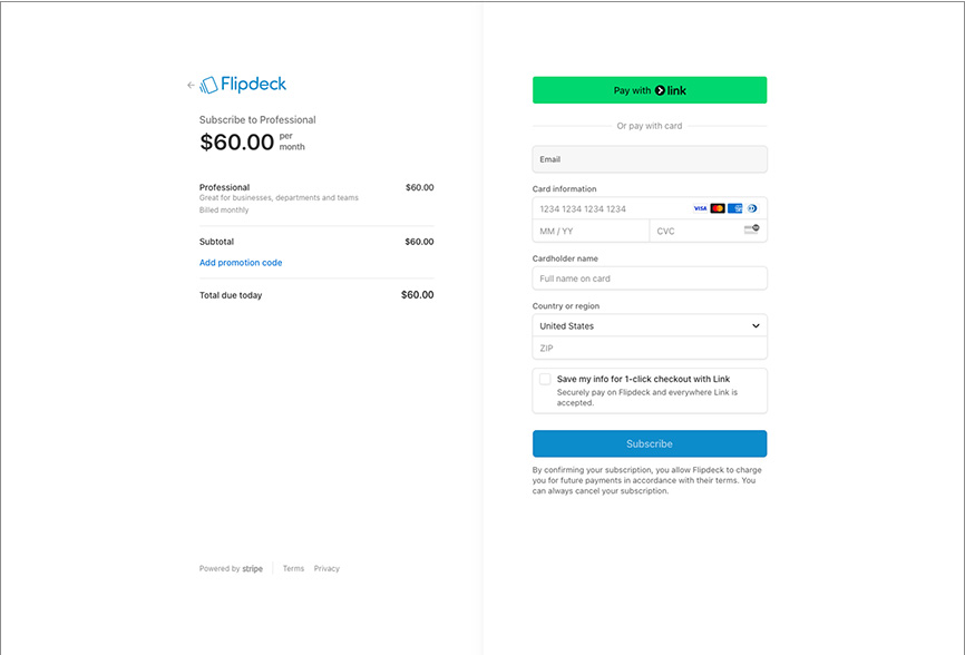 Flipdeck payment webpage