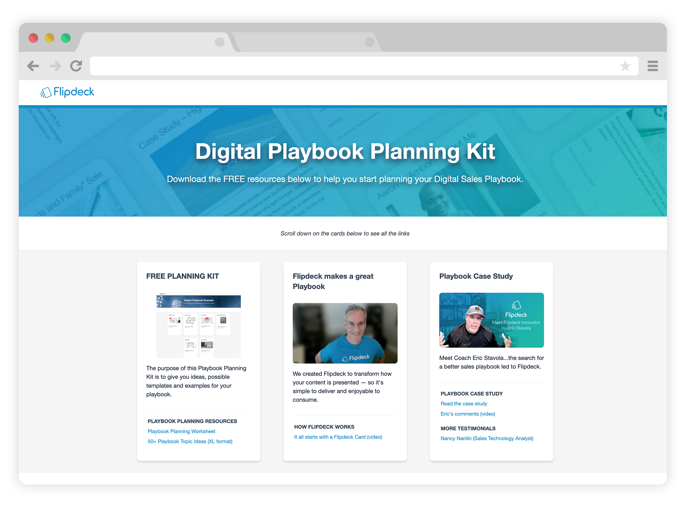 web browser with Flipdeck digital planning playbook planning kit webpage