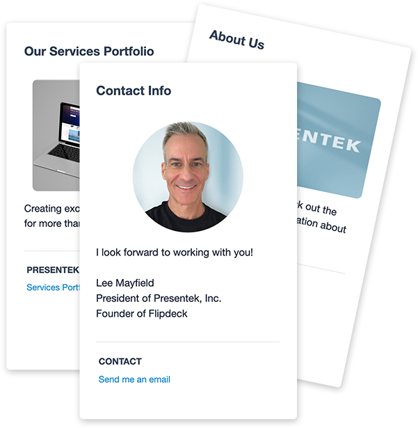 stack of three flipdeck cards, one with contact information, one with about us, and one with services portfolio