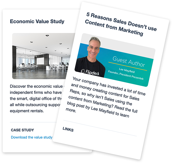stack of two flipdeck cards, one with case study and one with blurb on a sales blog post