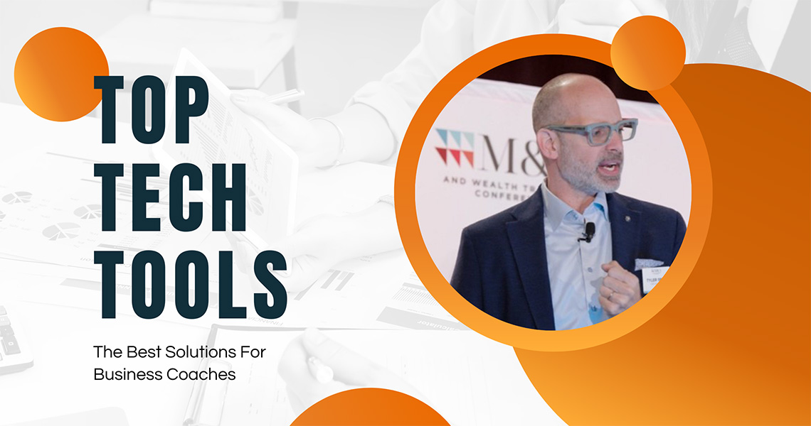 graphic with orange dots, a photo of tyler smith, and text reading top tech tools - the best solutions for business coaches