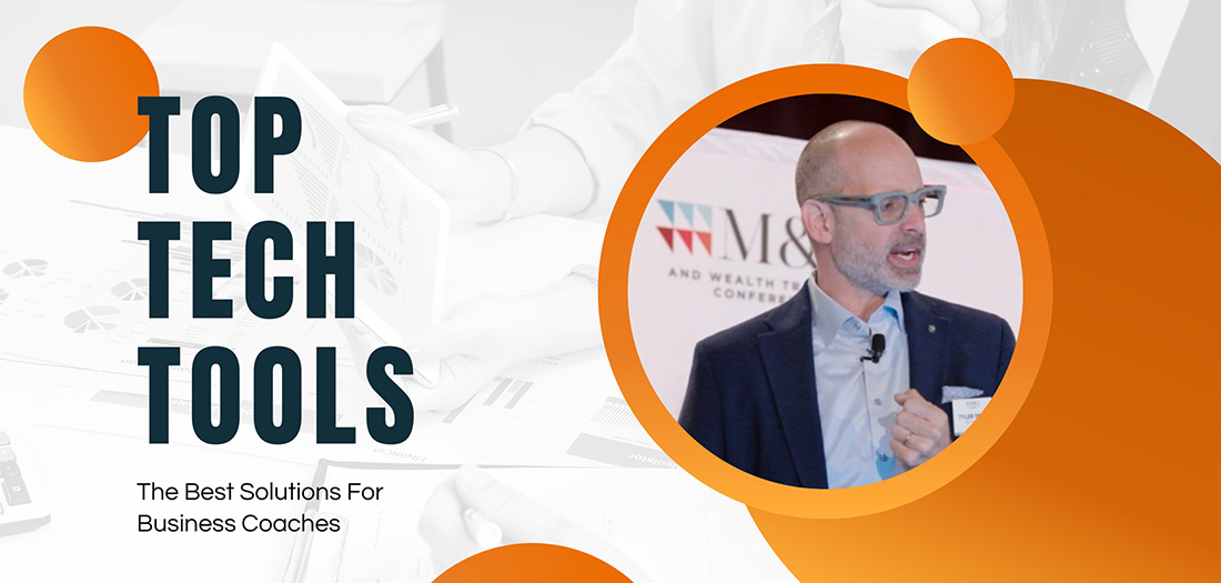 graphic with orange dots, a photo of tyler smith, and text reading top tech tools - the best solutions for business coaches