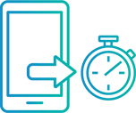 Blue icon of a mobile device and a clock to represent quickly sharing sales content on the go.