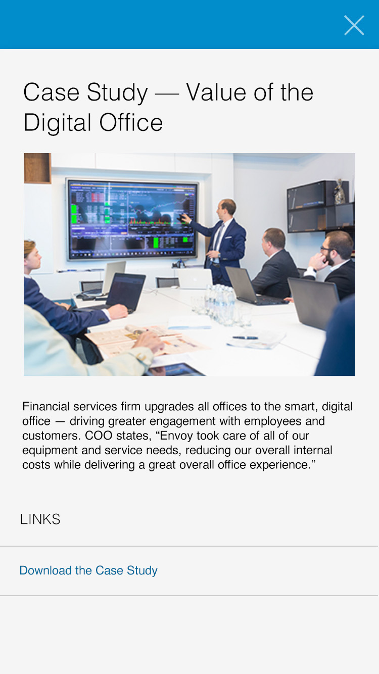 Flipdeck card introducing a business case study on the value of the digital office.