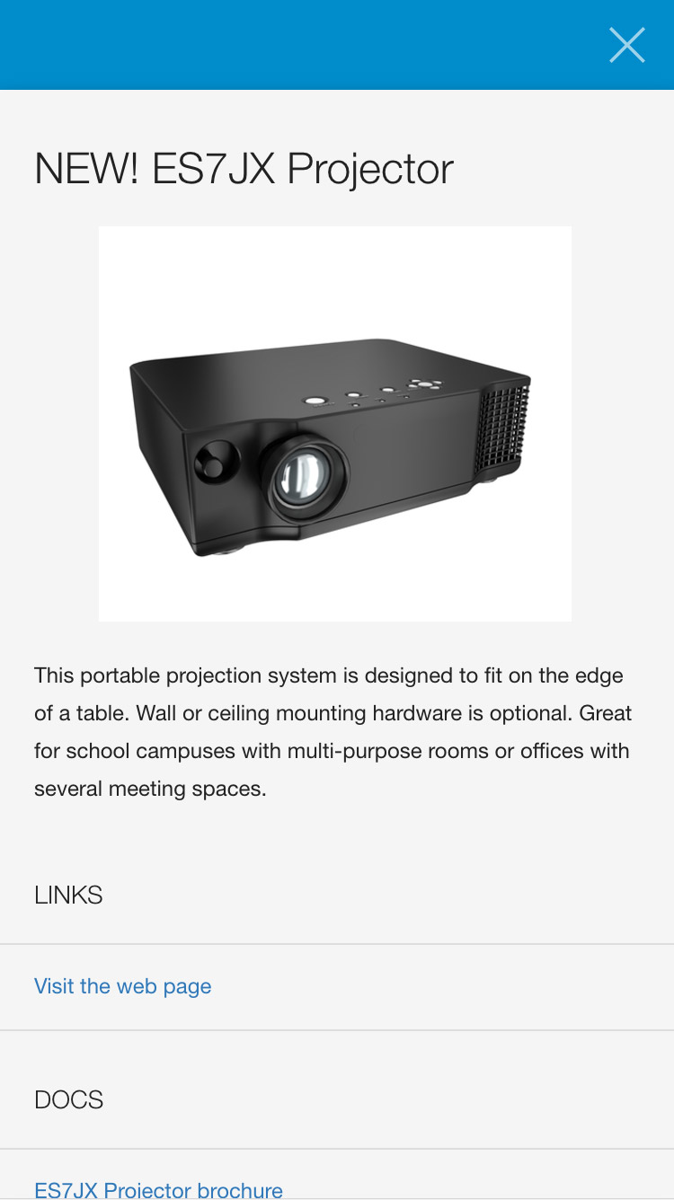 Flipdeck card showing product info and design on a new model of projectors.