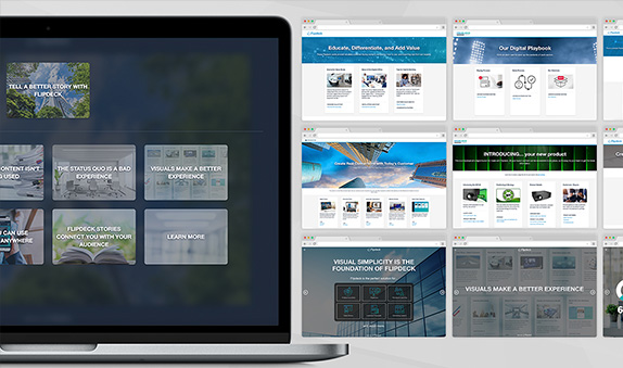 laptop with sample flipdeck stories and additional stories screenshots