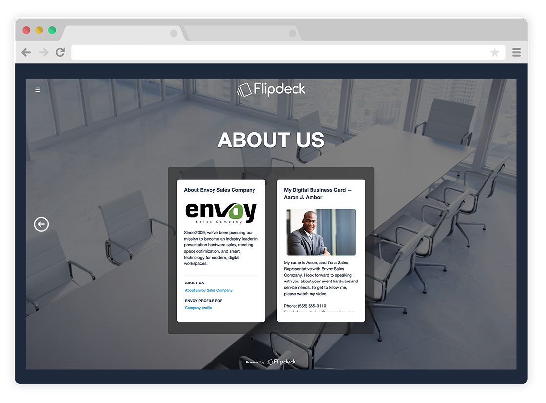 Flipdeck story example with text 'About Us' and envoy content shown in browser