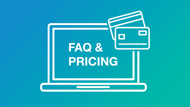teal gradient background with white outline of laptop with FAQ & Pricing text