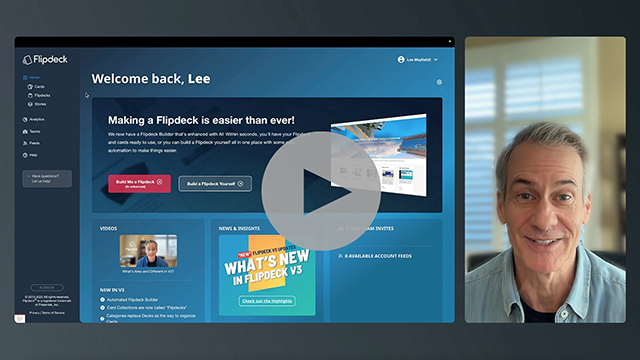 screenshot of flipdeck v3 dashboard and Lee Mayfield with play icon overlaid on top